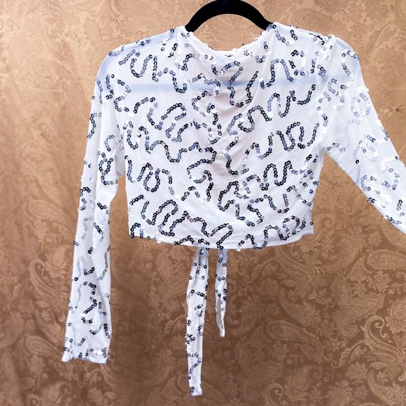 90s Y2k Women's Sequin Luxury Shrug Cejon Tie Front Mesh Crop Top - Picture 4 of 12